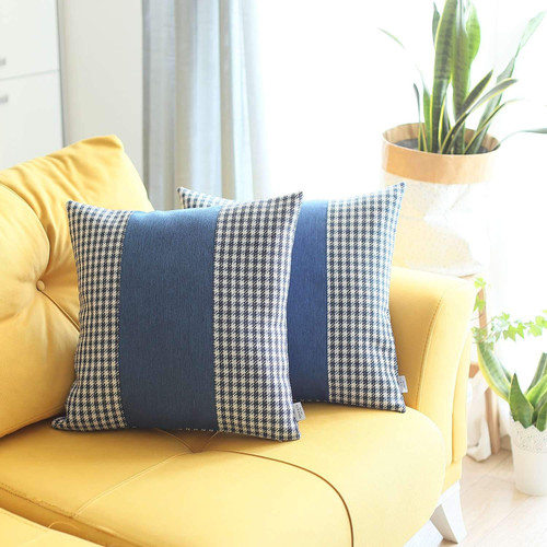 Homeroots Home Decor Set Of Two 18 x 18 Inches White And Blue Houndstooth Zippered Handmade Polyester Throw Pillow