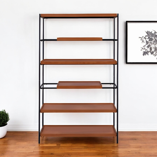 70" Oak And Black Metal and Wood Six Tier Etagere Bookcase