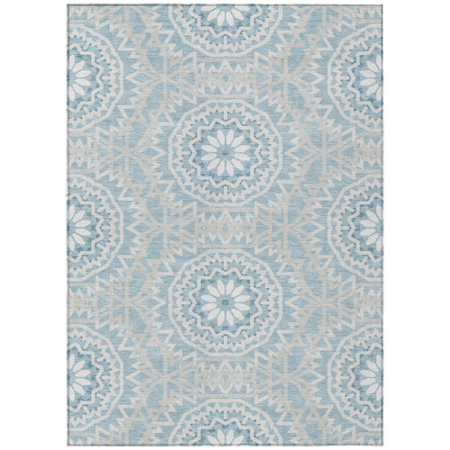 10' X 14' Denim Blue And Ivory Floral Medallion Washable Indoor Outdoor Area Rug