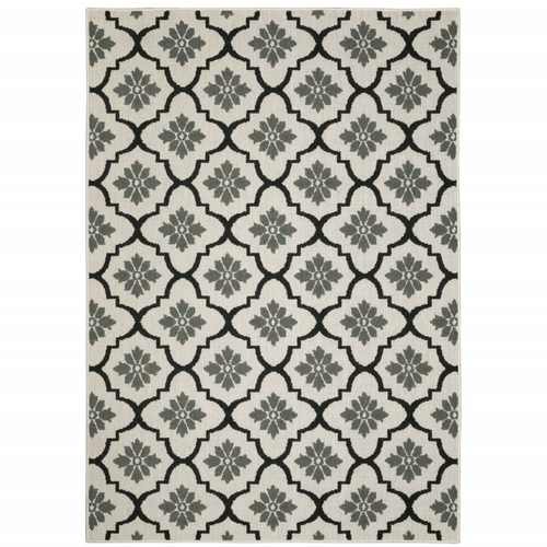 7' X 9' Beige and Black Geometric Stain Resistant Indoor Outdoor Area Rug