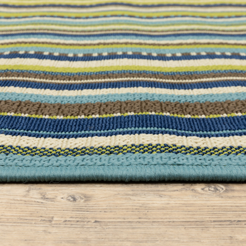 9' X 13' Blue and Green Striped Stain Resistant Indoor Outdoor Area Rug
