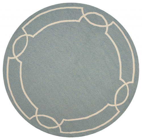 7' Spa Blue Hand Hooked UV Treated Bordered Round Indoor Outdoor Area Rug - 4512822806914