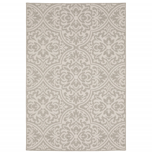 5' X 7' Grey Floral Stain Resistant Indoor Outdoor Area Rug