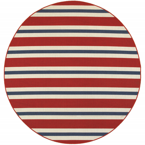 8' X 8' Red and Ivory Round Geometric Stain Resistant Indoor Outdoor Area Rug