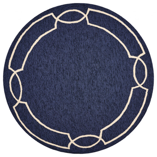 7' Ocean Blue Hand Hooked UV Treated Bordered Round Indoor Outdoor Area Rug - 4512822806846