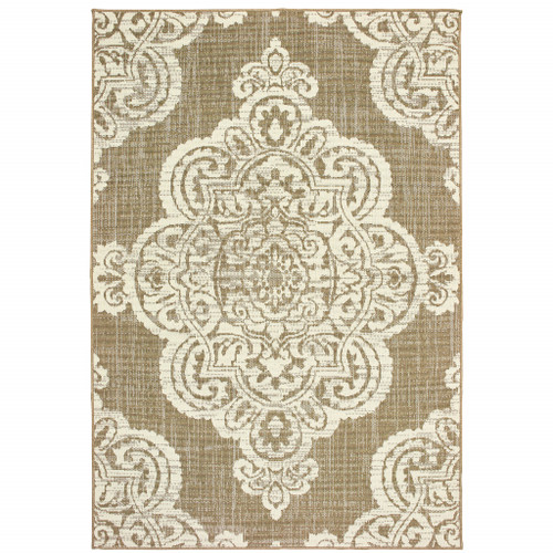 2' X 4' Tan Oriental Stain Resistant Indoor Outdoor Area Rug - 606114582656