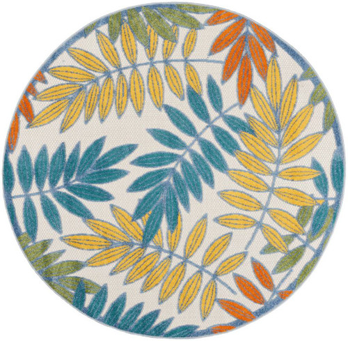 5' X 5' Ivory Round Floral Non Skid Indoor Outdoor Area Rug