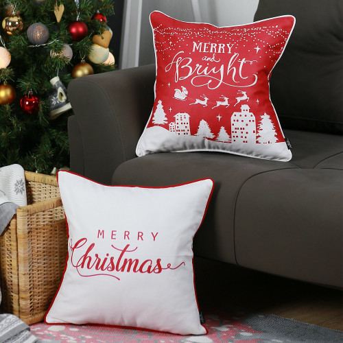 Set of Four 18" Red and White Fabrc Throw Pillow Covers