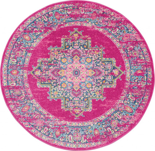 4’ Round Fuchsia and Blue Distressed Area Rug - 4512822816333