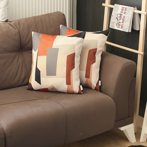 Set of Two 18" X 18" Orange and Ivory Polyester Pillow Cover