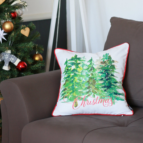 Set of Two 18" Green Red And White Christmas Christmas Trees Fabric Throw Pillow Covers