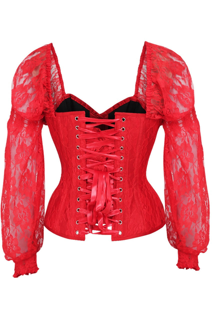 Top Drawer Red with Red Lace Steel Boned Long Sleeve Corset