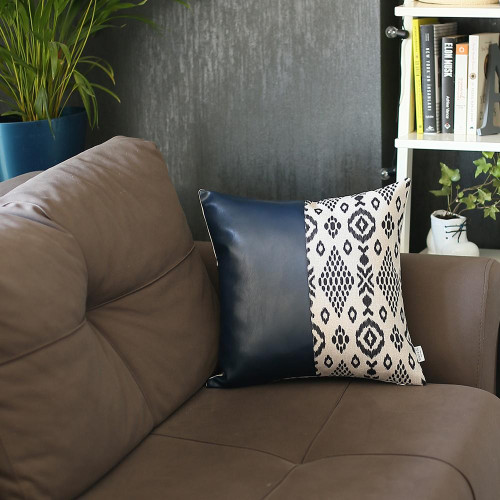Homeroots Home Decor Navy Blue Divided Faux Leather Throw Pillow, 18x18 Inches