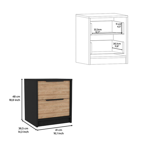 19" Black Wood Two Drawer Nightstand
