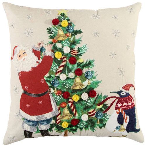 Homeroots Home Decor Ivory Vintage Santa and Penguin Christmas Throw Pillow