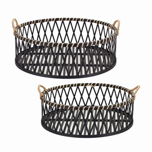 Round Tray (Set of 2) 17.5"D x 5.5"H, 19.5"D x 6.5"H Bamboo/Rattan