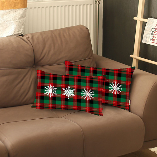 Homeroots Home Decor Set of 2 Christmas Snowflake Trio Plaid Lumbar Throw Pillows, 12 x 20 Inches, Set of 2