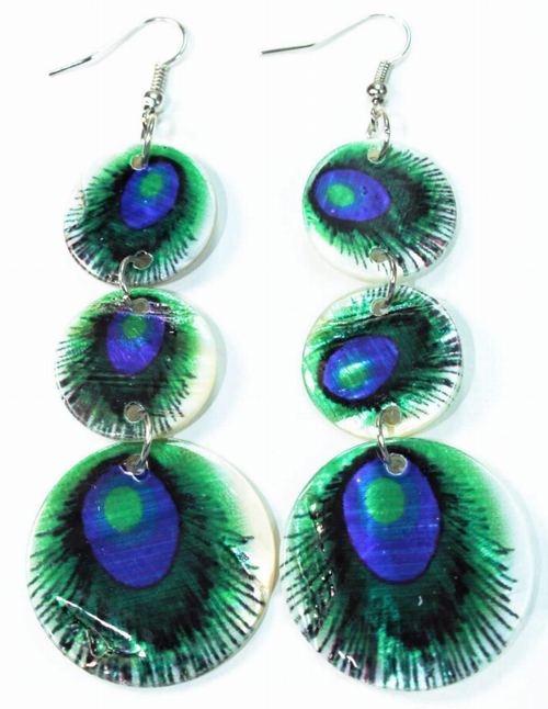 Three Tiered Peacock Feather Mother of Pearl Earrings