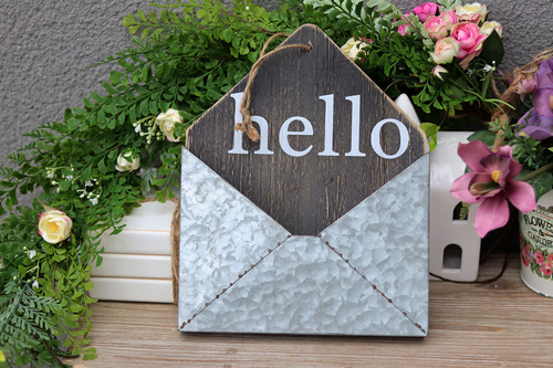 Hello Wall Pocket Galvanized Metal and Wood Envelope Letter Organizer Decor