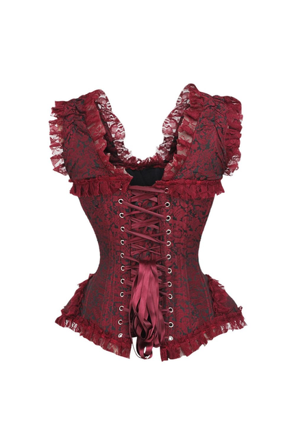 Top Drawer Red/Black Brocade & Lace Steel Boned Corset with Cap Sleeves