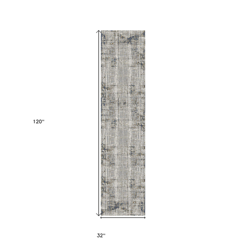 10' Ivory Blue And Gray Abstract Runner Rug
