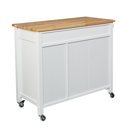 42" Natural and White Butcher Block and Iron Rolling Kitchen Cart With Storage
