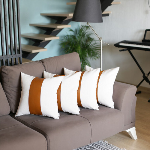 Set of Four 17" Brown And White Faux Leather Throw Pillow Covers