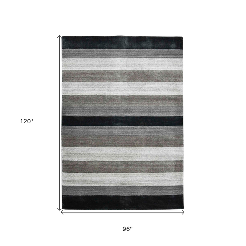 8' X 10' Black And Gray Wool Striped Hand Woven Area Rug