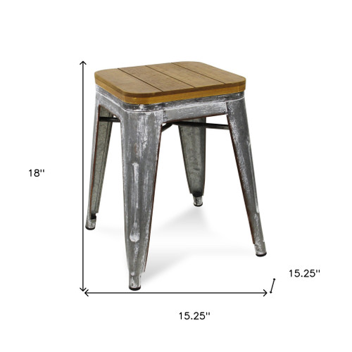 " Wood Brown And Gray Galvanized Metal Backless Bar Chair