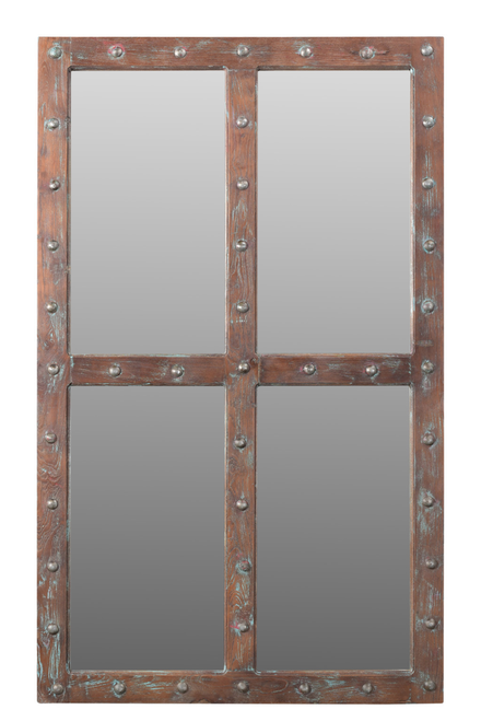 60" Wood Brown Rustic Solid Wood Window Pane Framed Accent Mirror