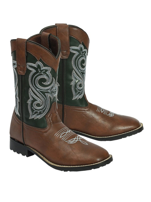 TuffRider Children's Assateague Island Rounded Toe Western Boot- Brown w/ Green- 9C