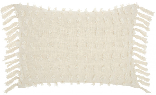 Homeroots Home Decor Tassel Detailed White Lumbar Pillow, White, 5 x 14 x 20 Inch