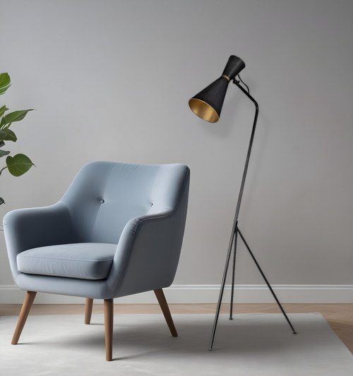 58" Black Metal Tripod Floor Lamp With Black And Gold Metal Cone Shade