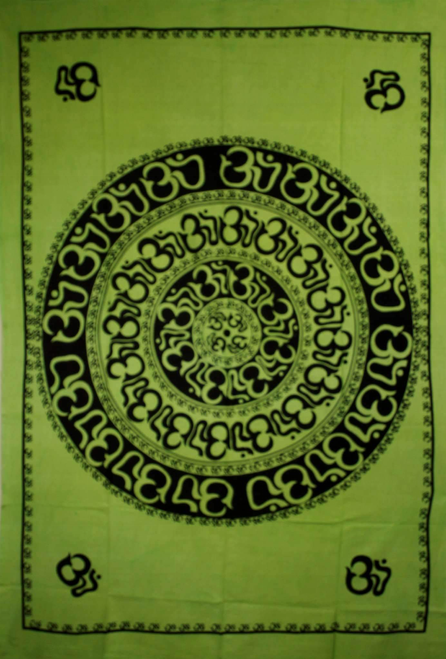 Green Om Shanti Mandala Art Handloom Style Tapestry