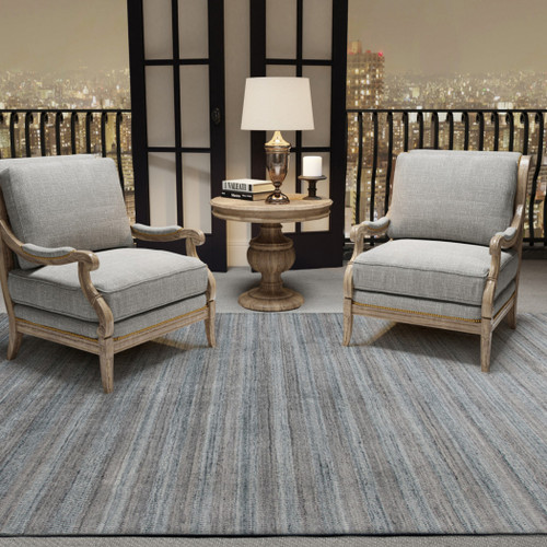 3' X 5' Gray And Blue Wool Striped Hand Woven Area Rug