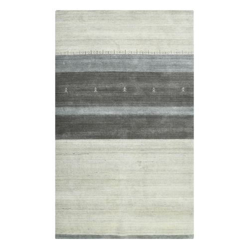 5' X 8' Ivory Gray And Green Wool Striped Hand Woven Area Rug