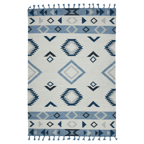 8' X 10' Sky Blue Gray And Black Wool Tribal Flatweave Handmade Area Rug With Fringe