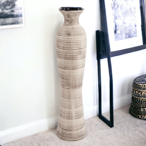 31" Beige And Brown Striped Bud Ceramic Floor Vase