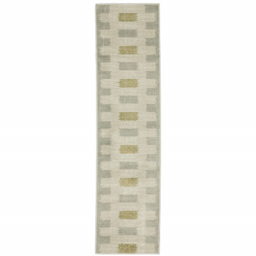2' X 8' Beige Grey Gold And Green Geometric Power Loom Stain Resistant Runner Rug