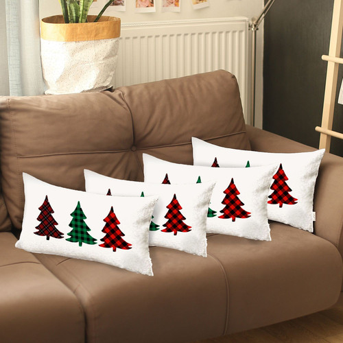 Homeroots Home Decor Set of 4 Christmas Tree Trio Plaid Lumbar Pillow Covers, 12x20 Inches, Set of 4