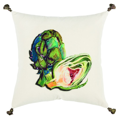 Homeroots Home Decor White Green Embroidered Artichoke Throw Pillow, White Green, 20 x 20 Inches