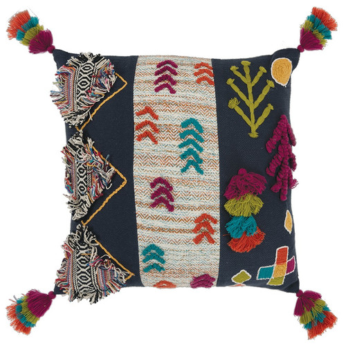 Homeroots Home Decor Navy Tribal Motifs Embroidered Throw Pillow, Navy, 20 x 20 Inches