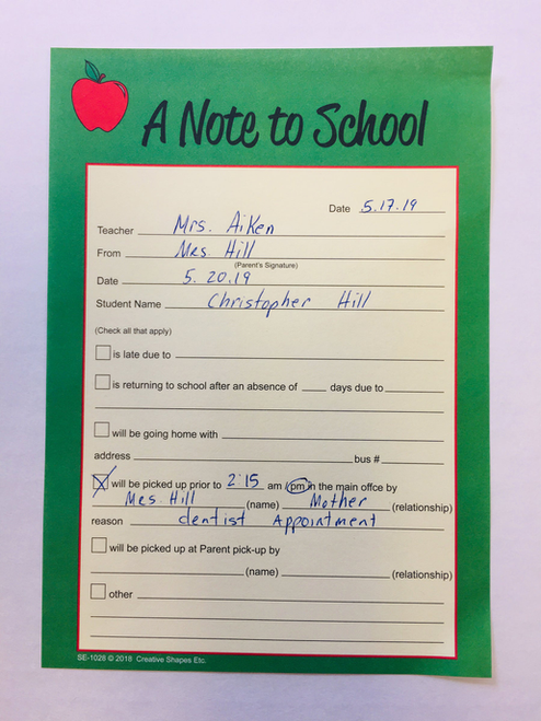 Note to School - Notes to Parents