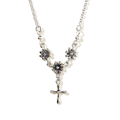 Silver Plated Cross With Flowers Necklace