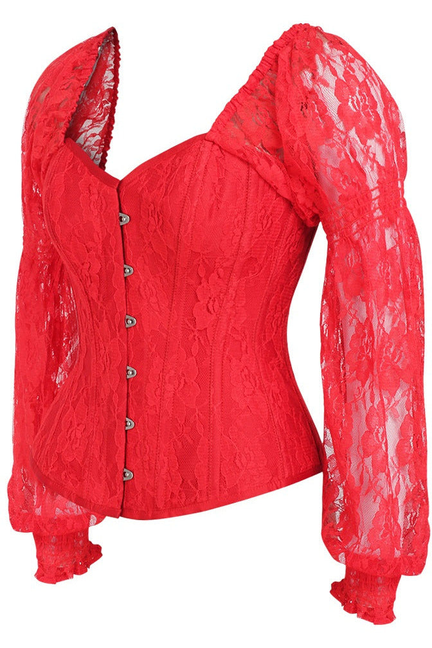 Top Drawer Red with Red Lace Steel Boned Long Sleeve Corset