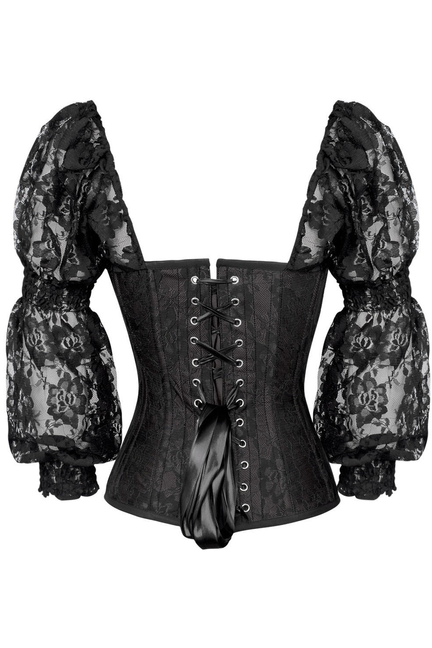 Top Drawer Black with Black Lace Steel Boned Long Sleeve Corset