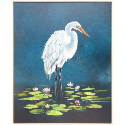 Egret In Lily Pads Canvas Silver Floater Frame Print Wall Art - 606114454045