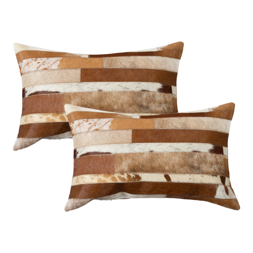 Set of Two 12" X 20" Brown and White Patchwork Cowhide Lumbar Throw Pillows - 608219176778