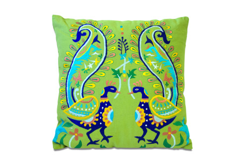 Set of Two 18" Blue And Green Peacock Cotton Throw Pillows with Embroidery - 880024824406
