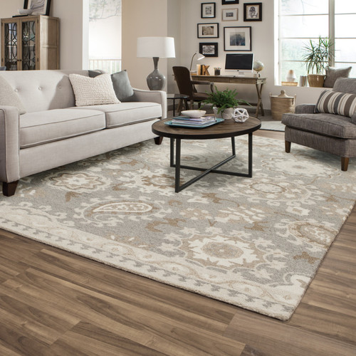 10' X 13' Gray And Sand Wool Floral Hand Tufted Area Rug - 608219197803